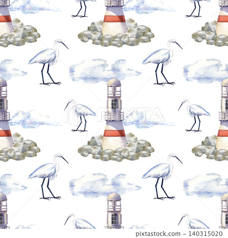 Watercolor seamless pattern with coastal lighthouses on stones, elegant white herons, and clouds on a isolated background. Beautiful marine wallpaper design perfect for nautical textile, summer fabric Watercolor seamless pattern with coastal lighthouses on stones, elegant white herons, and clouds on a isolated background. Beautiful marine wallpaper design perfect for nautical textile, summer fabric 140315020