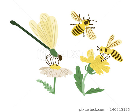Illustration of a dragonfly perched on a white flower with two bees hovering nearby, surrounded by green leaves and yellow blossoms in a natural setting Illustration of a dragonfly perched on a white flower with two bees hovering nearby, surrounded by green leaves and yellow blossoms in a natural setting 140315135