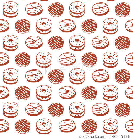 Pattern design featuring various stylized donuts and pastries in a repeating layout on a white background, suitable for textiles or packaging applications Pattern design featuring various stylized donuts and pastries in a repeating layout on a white background, suitable for textiles or packaging applications 140315136