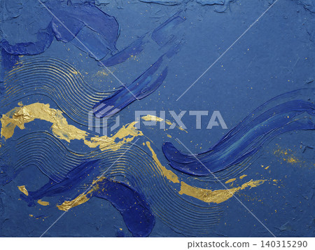 A modern Japanese background featuring a vibrant gold wave pattern flowing across lapis lazuli-colored washi paper. A modern Japanese background featuring a vibrant gold wave pattern flowing across lapis lazuli-colored washi paper. 140315290