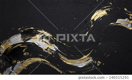A modern Japanese background featuring a vibrant gold wave pattern flowing across black washi paper. A modern Japanese background featuring a vibrant gold wave pattern flowing across black washi paper. 140315291