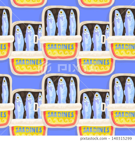 Seamless sardines pattern with open fish cans on blue background for kitchen decor, packaging, wrapping paper, seafood branding. Seamless sardines pattern with open fish cans on blue background for kitchen decor, packaging, wrapping paper, seafood branding. 140315299