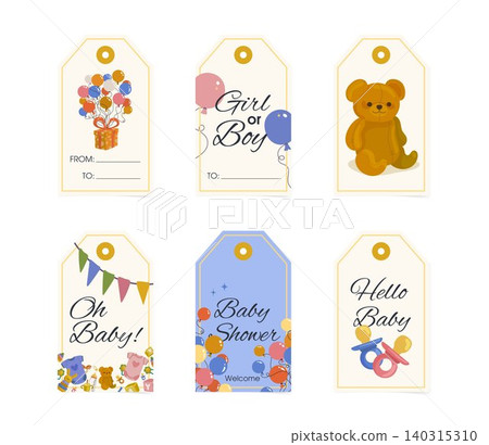 Set of baby shower gift tags with balloons, teddy bear, pacifiers and festive details for presents, party stationery. Set of baby shower gift tags with balloons, teddy bear, pacifiers and festive details for presents, party stationery. 140315310