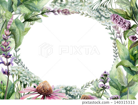 Echinacea, mint, yarrow, sage and thyme oval frame watercolor. Vintage background template with empty space for organic skincare label, beauty spa brand identity and herbal cosmetic packaging Echinacea, mint, yarrow, sage and thyme oval frame watercolor. Vintage background template with empty space for organic skincare label, beauty spa brand identity and herbal cosmetic packaging 140315313