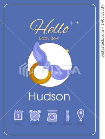 Baby boy birth announcement template with pacifier icon and newborn stats for nursery decor, greeting card, printable keepsake. Baby boy birth announcement template with pacifier icon and newborn stats for nursery decor, greeting card, printable keepsake. 140315337