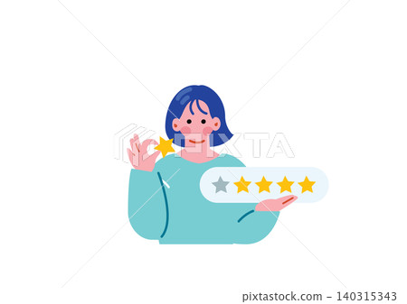 Illustration of a woman posting a review. 140315343