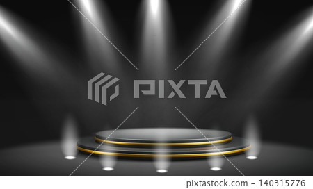 Black gold round podium stage with spotlight beams Black gold round podium stage with spotlight beams 140315776