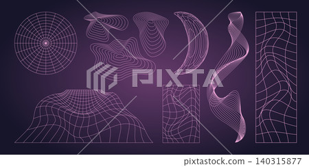 3D geometric shapes with Y2K wireframe grid 3D geometric shapes with Y2K wireframe grid 140315877