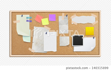 Cork board with pinned paper notes and thumbtacks Cork board with pinned paper notes and thumbtacks 140315899