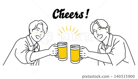 Line art vector illustration of men toasting with beer mugs in hand. White background. Summer beer garden. 140315900