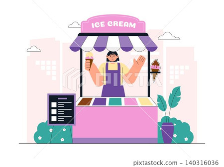 Ice Cream Shop Vector Illustration Featuring Ice Cream Cart, Gelato Storefront, Frozen Dessert Business, Sweet Treat Vendor, and Summer Refreshments Ice Cream Shop Vector Illustration Featuring Ice Cream Cart, Gelato Storefront, Frozen Dessert Business, Sweet Treat Vendor, and Summer Refreshments 140316036