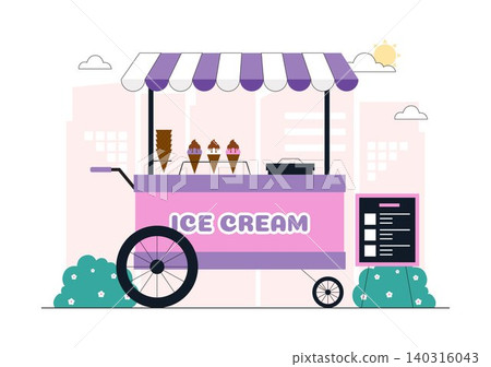 Ice Cream Shop Vector Illustration Featuring Ice Cream Cart, Gelato Storefront, Frozen Dessert Business, Sweet Treat Vendor, and Summer Refreshments Ice Cream Shop Vector Illustration Featuring Ice Cream Cart, Gelato Storefront, Frozen Dessert Business, Sweet Treat Vendor, and Summer Refreshments 140316043