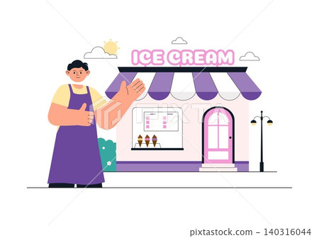 Ice Cream Shop Vector Illustration Featuring Ice Cream Cart, Gelato Storefront, Frozen Dessert Business, Sweet Treat Vendor, and Summer Refreshments Ice Cream Shop Vector Illustration Featuring Ice Cream Cart, Gelato Storefront, Frozen Dessert Business, Sweet Treat Vendor, and Summer Refreshments 140316044