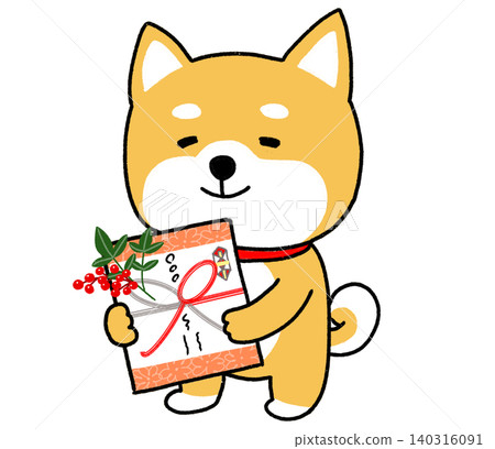 一隻柴犬獻上了一份用紅色包裝紙包裹的冬季禮物。 一隻柴犬獻上了一份用紅色包裝紙包裹的冬季禮物。 140316091