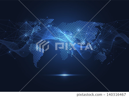 Abstract blue digital world map with network connection lines and glowing dots on dark background. Abstract blue digital world map with network connection lines and glowing dots on dark background. 140316467