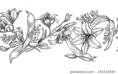 Lily flowers outline vector seamless border. Botanical black and white hand drawn illustration for wallpaper, greeting card, invitation. Lily repeat background for fabric print and pattern design. Lily flowers outline vector seamless border. Botanical black and white hand drawn illustration for wallpaper, greeting card, invitation. Lily repeat background for fabric print and pattern design. 140316489