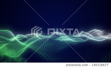 Abstract green glowing data wave with particle mesh and flowing lines, ideal for technology, science, network, and digital background concepts. Abstract green glowing data wave with particle mesh and flowing lines, ideal for technology, science, network, and digital background concepts. 140316677