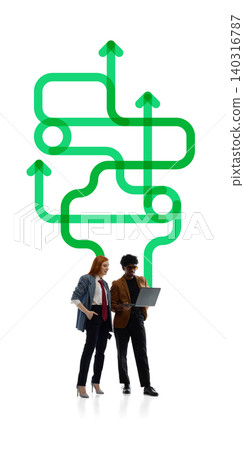 Business team studying laptop under green process arrows Business team studying laptop under green process arrows 140316787