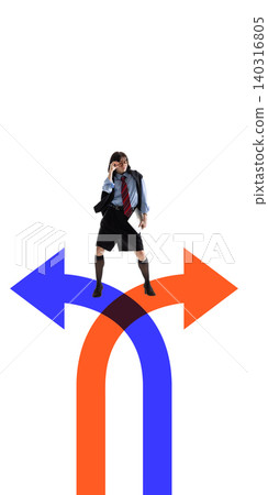 Businesswoman hesitating between blue and orange arrows in decision making Businesswoman hesitating between blue and orange arrows in decision making 140316805