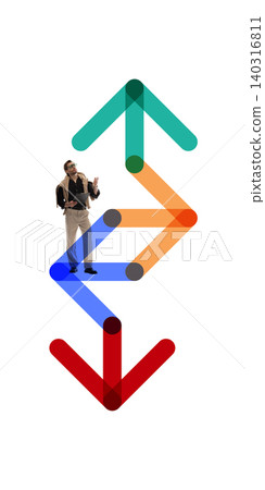 Businessman choosing direction between rising and falling abstract arrows. Businessman choosing direction between rising and falling abstract arrows. 140316811
