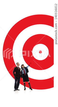 Business team looking toward giant target in goal setting metaphor. Business team looking toward giant target in goal setting metaphor. 140316812