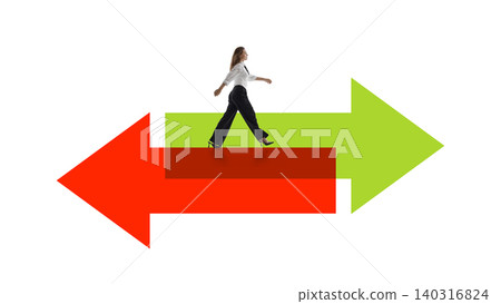 Businesswoman walking forward over opposite arrows in abstract choice scene. Businesswoman walking forward over opposite arrows in abstract choice scene. 140316824