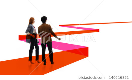 Business partners facing winding red route in abstract strategy scene. Business partners facing winding red route in abstract strategy scene. 140316831
