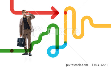 Businessman standing beside colorful winding routes in abstract career planning scene. Businessman standing beside colorful winding routes in abstract career planning scene. 140316832