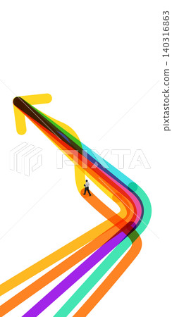 Businessman walking on orange upward path inside colorful arrow routes. Businessman walking on orange upward path inside colorful arrow routes. 140316863