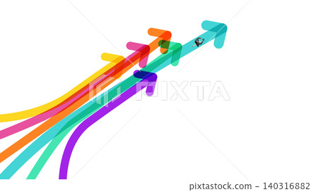 Businesswoman running on colorful rising arrows with calculator in abstract scene Businesswoman running on colorful rising arrows with calculator in abstract scene 140316882
