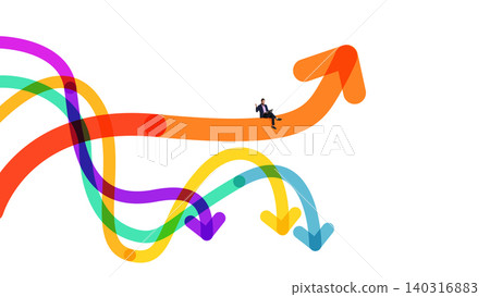 Businessman sitting on orange arrow above mixed business directions. 140316883