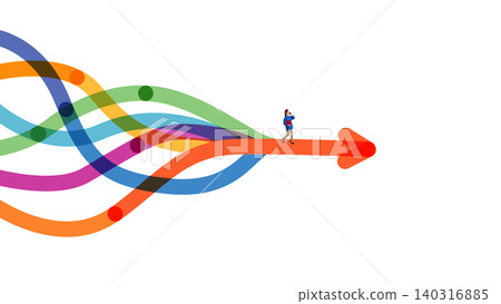 Businesswoman walking on orange arrow through colorful business flow Businesswoman walking on orange arrow through colorful business flow 140316885