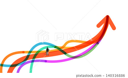 Businessman walking on rising orange arrow among colorful business paths. 140316886