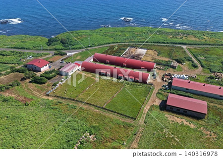從空中俯瞰北海道沿岸綿延的紅瓦羊牧場。 從空中俯瞰北海道沿岸綿延的紅瓦羊牧場。 140316978