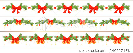 Branch ribbon decoration forms a garland for tree wreath border background frame with christmas bow fir festive header text twig ornament red holiday horizontal backdrop evergreen pattern. Branch ribbon decoration forms a garland for tree wreath border background frame with christmas bow fir festive header text twig ornament red holiday horizontal backdrop evergreen pattern. 140317178