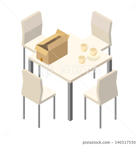 一張等距插圖,展示了擺放在白色餐桌上的紙箱和餐具。 一張等距插圖,展示了擺放在白色餐桌上的紙箱和餐具。 140317550