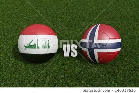 Footballs in flags colors on grass , Iraq with Norway. 3d rendering Footballs in flags colors on grass , Iraq with Norway. 3d rendering 140317626