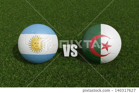 Footballs in flags colors on grass , Argentina with Algeria.3d rendering Footballs in flags colors on grass , Argentina with Algeria.3d rendering 140317627
