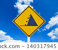 Blue sky and a road sign warning of falling rocks Blue sky and a road sign warning of falling rocks 140317945