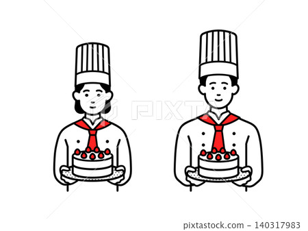 A male and female pastry chef holding a cake 140317983