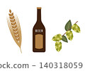 Illustration of a beer bottle and the ingredients of barley and hops. 140318059