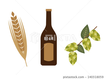 Illustration of a beer bottle and the ingredients of barley and hops. Illustration of a beer bottle and the ingredients of barley and hops. 140318059