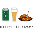 Illustration of canned beer and sausages as snacks 140318067