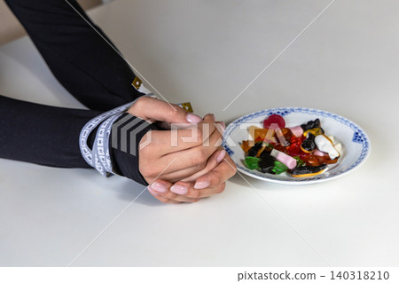 Measuring tape binding hands near sweet candy Measuring tape binding hands near sweet candy 140318210