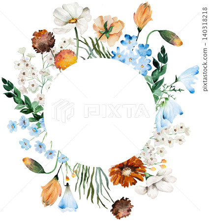 Watercolor frame with blue, ivory and orange wildflowers, illustration for wedding stationery Watercolor frame with blue, ivory and orange wildflowers, illustration for wedding stationery 140318218