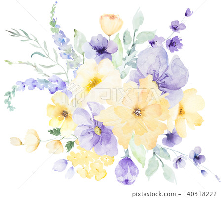 Watercolor bouquet with light purple and yellow flowers, isolated illustration for wedding stationery Watercolor bouquet with light purple and yellow flowers, isolated illustration for wedding stationery 140318222