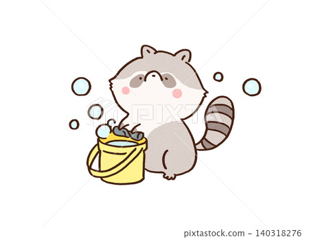一隻浣熊在桶子裡洗抹布,然後用力擰乾(愛乾淨,愛清潔)。 一隻浣熊在桶子裡洗抹布,然後用力擰乾(愛乾淨,愛清潔)。 140318276