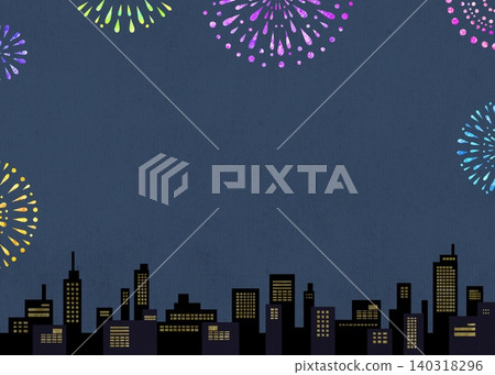 以煙火和夜景城市為主題的邊框素材;以建築物輪廓和煙火為主題的邊框插圖。 以煙火和夜景城市為主題的邊框素材;以建築物輪廓和煙火為主題的邊框插圖。 140318296