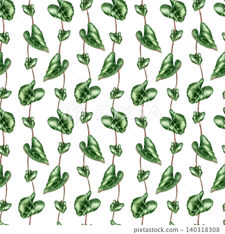 Seamless pattern with hand painted watercolor green ivy leaves on isolated background. Vertical climbing plant foliage botanical design for textile prints and wrapping paper decoration. Seamless pattern with hand painted watercolor green ivy leaves on isolated background. Vertical climbing plant foliage botanical design for textile prints and wrapping paper decoration. 140318308