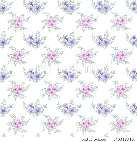 Watercolor floral pattern with purple flower and green leaf on isolated background. Decorative plant seamless ornament in pastel colors for textile design, botanical wallpaper Watercolor floral pattern with purple flower and green leaf on isolated background. Decorative plant seamless ornament in pastel colors for textile design, botanical wallpaper 140318310